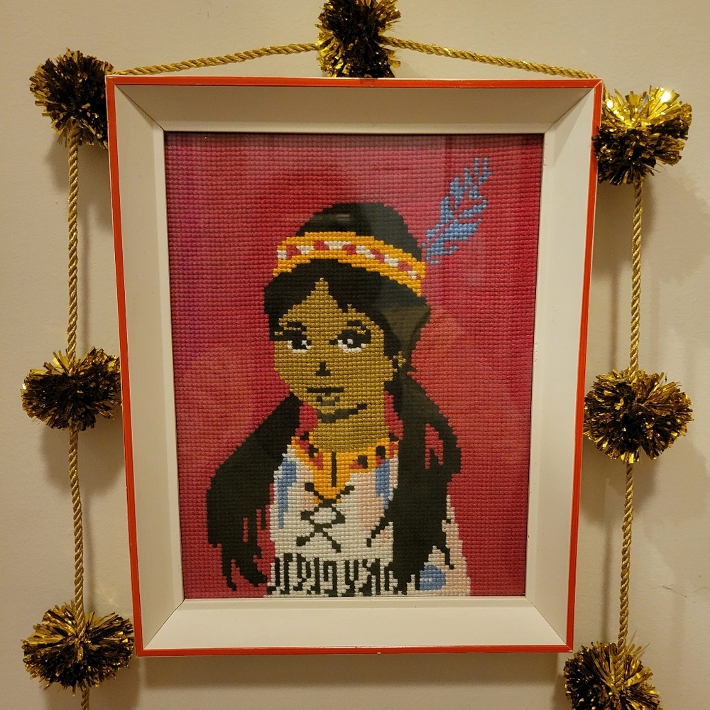 Vintage Handmade Fiber Art ~ Native American Girl ~ Embroidery Crewel ~ 1970s